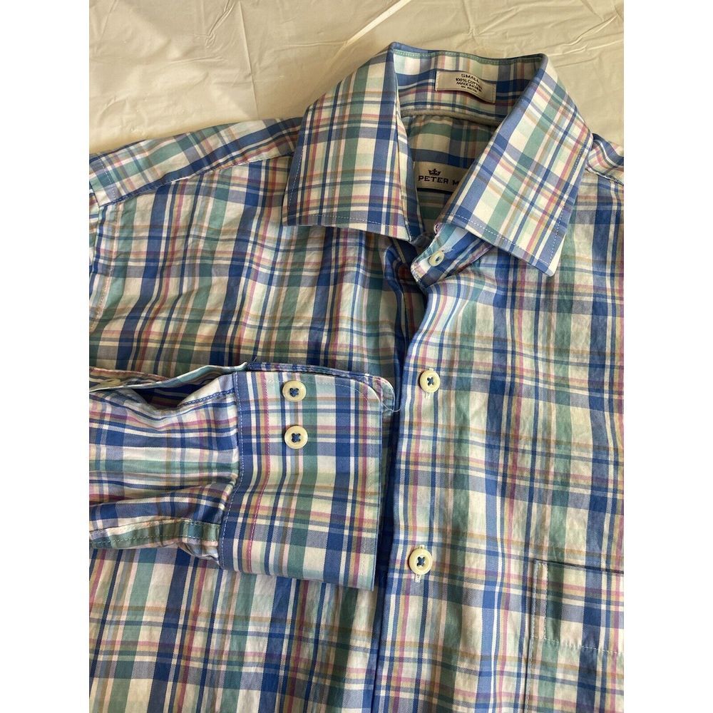 Men's Peter Millar Blue‎ Plaid Long Sleeve Button Down 100% Cotton Shirt-Size S